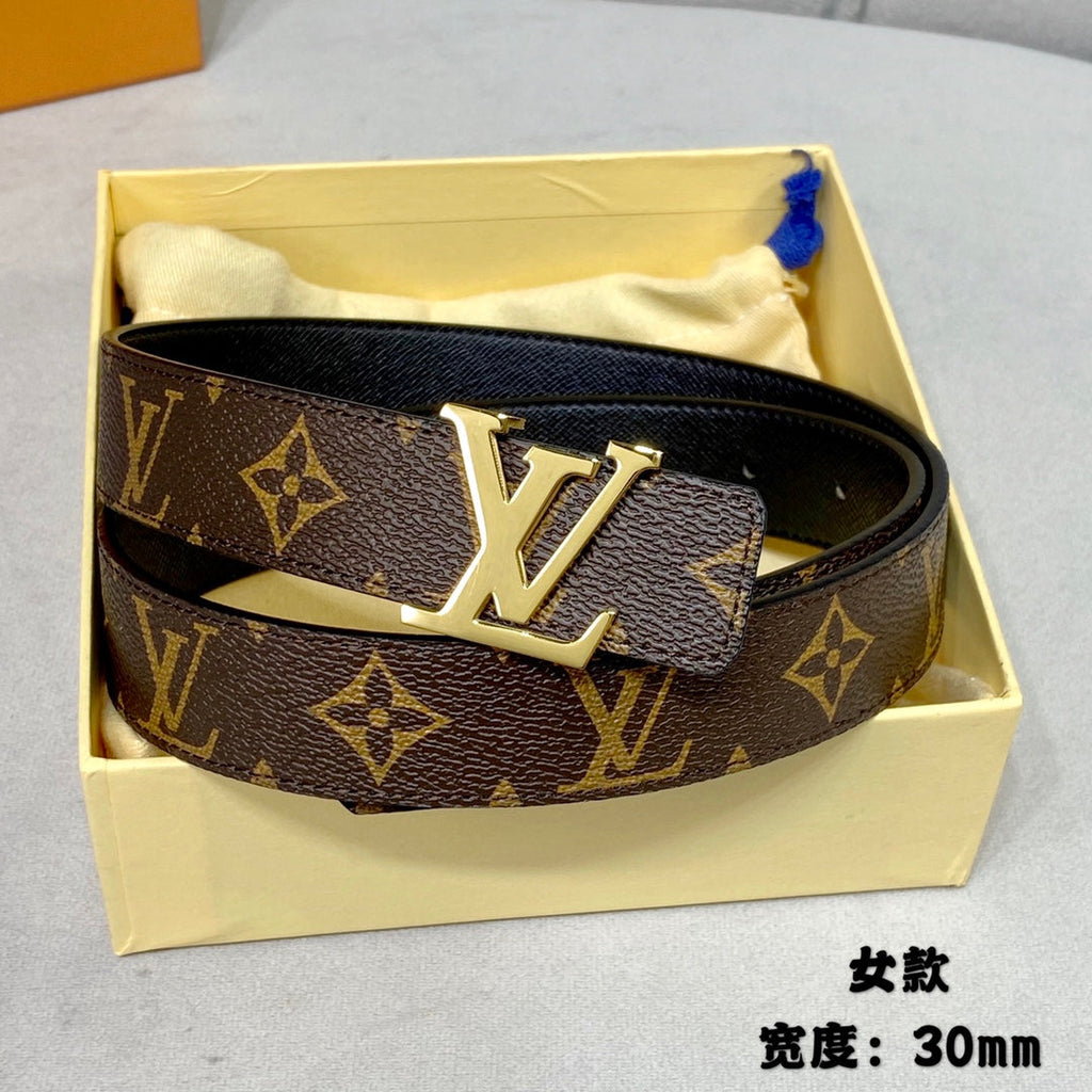 LOUIS VUITTON LV INITIALES 30 MM REVERSIBLE BELT IN BROWN MONOGRAM AND BLACK CALFSKIN GOLD HARDWARE