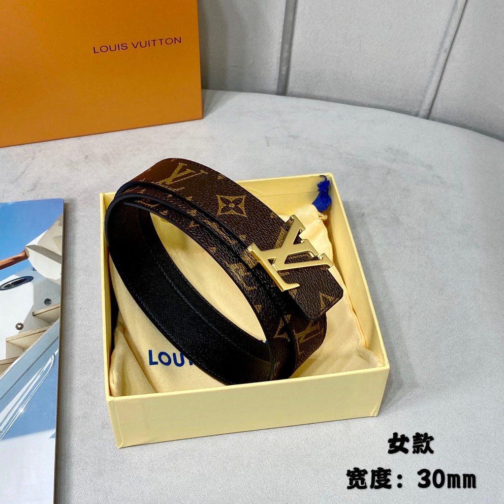 LOUIS VUITTON LV INITIALES 30 MM REVERSIBLE BELT IN BROWN MONOGRAM AND BLACK CALFSKIN GOLD HARDWARE