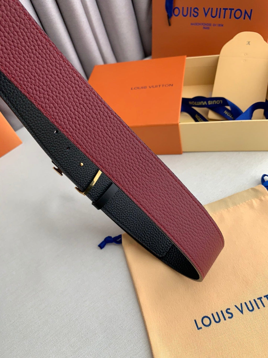 LOUIS VUITTON LV 25S BELT 38 MM IN DARK RED CALFSKIN 593214