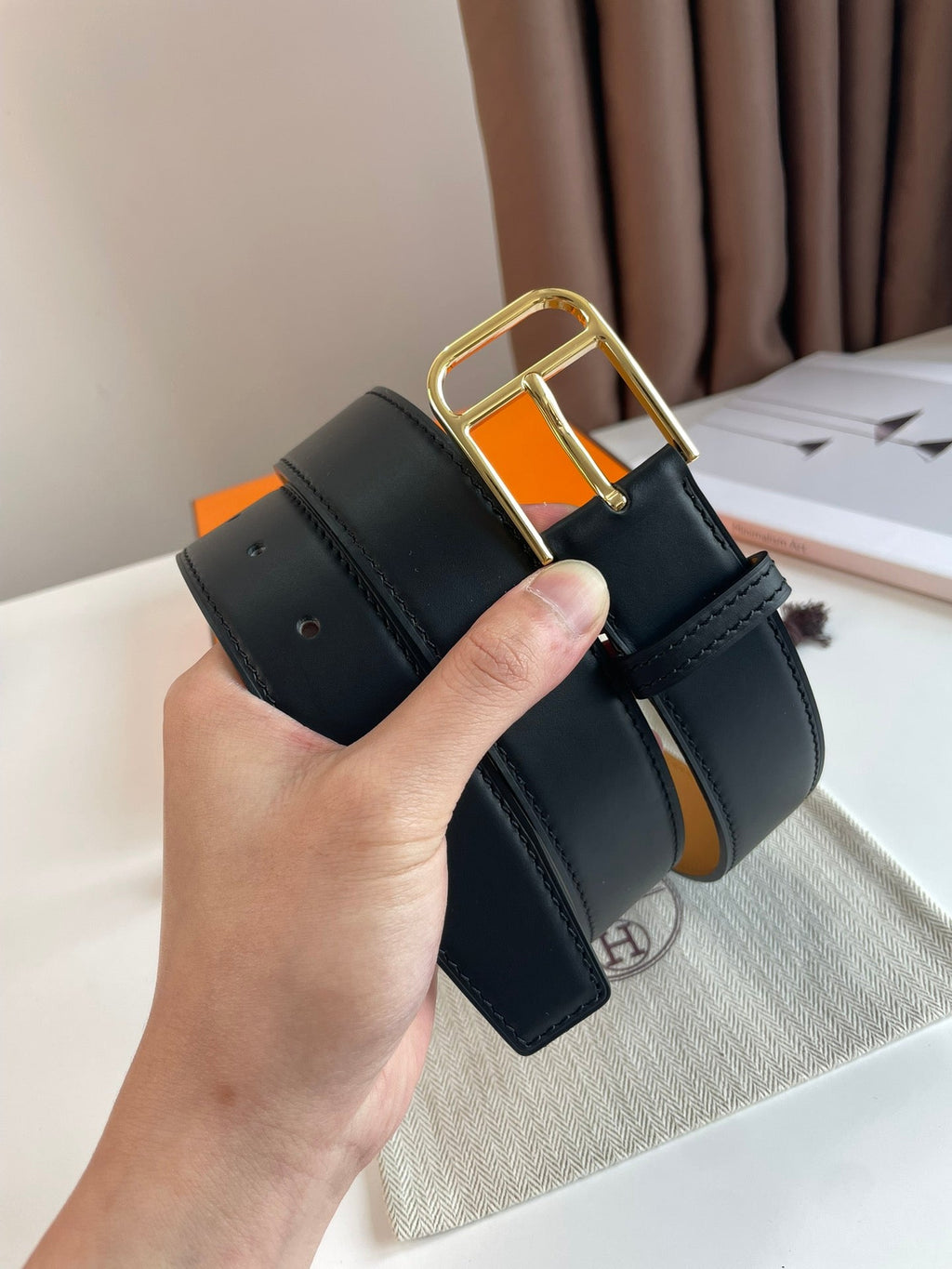 HM ROMAIN 35MM BELT BLACK LEATHER GOLD HARDWARE|Hermès belt