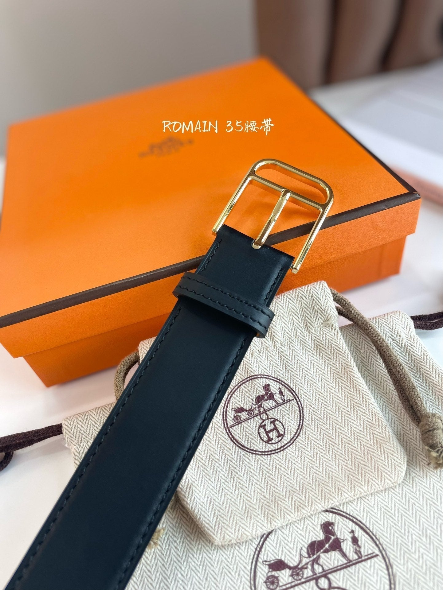 HM ROMAIN 35MM BELT BLACK LEATHER GOLD HARDWARE|Hermès belt