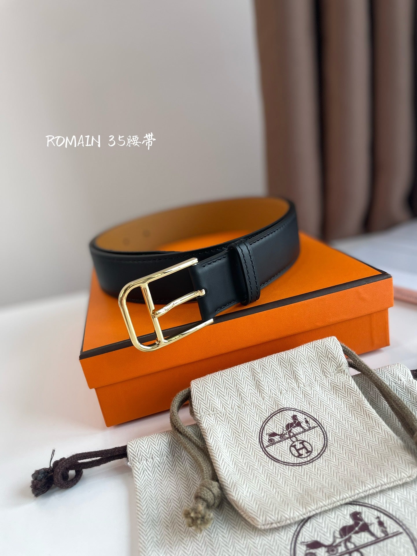 HM ROMAIN 35MM BELT BLACK LEATHER GOLD HARDWARE|Hermès belt