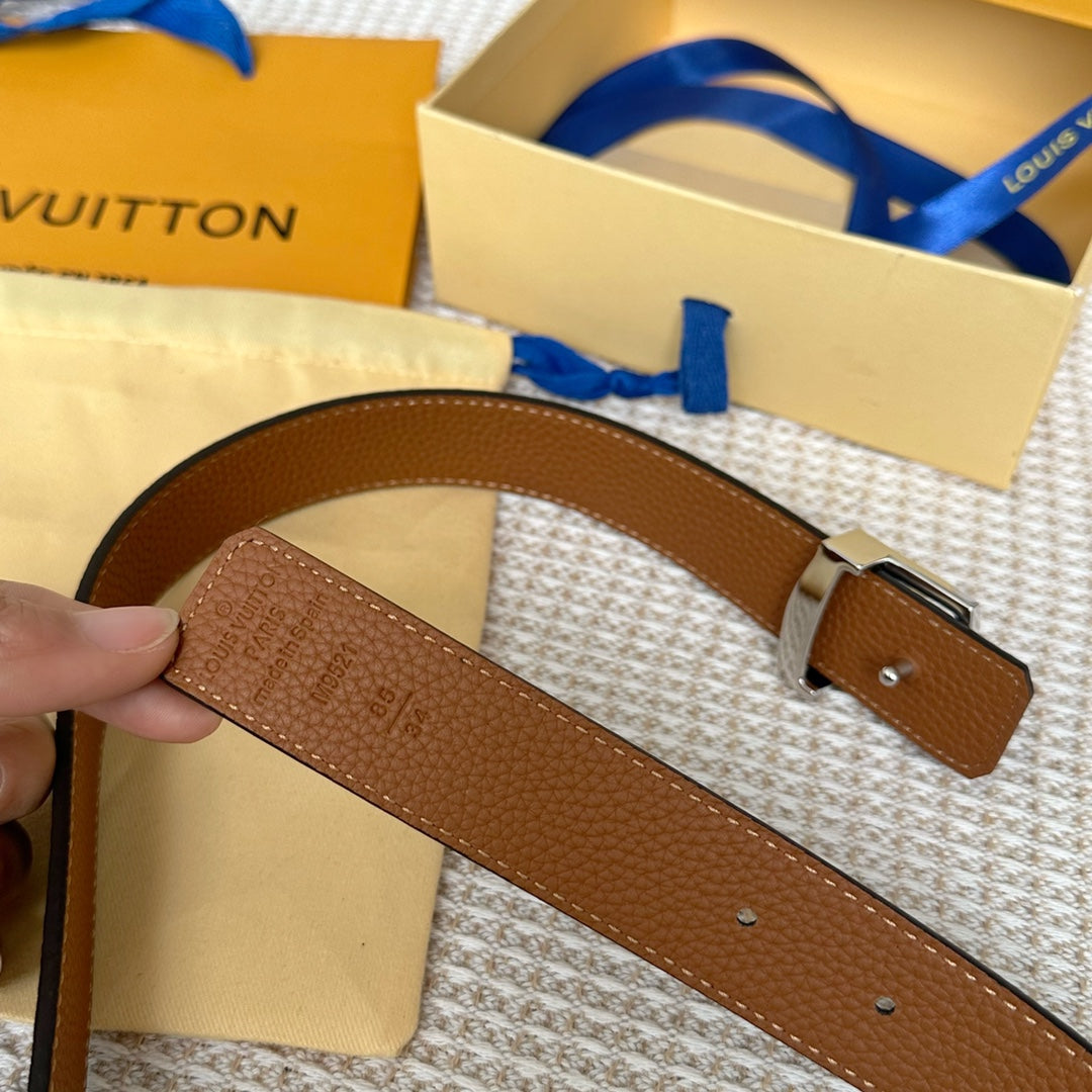 LOUIS VUITTON LV Initiales 30mm Reversible Belt Silver Buckle Tan Black Leather