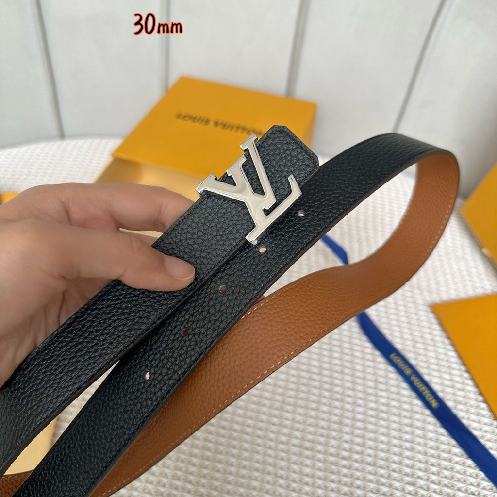 LOUIS VUITTON LV Initiales 30mm Reversible Belt Silver Buckle Tan Black Leather
