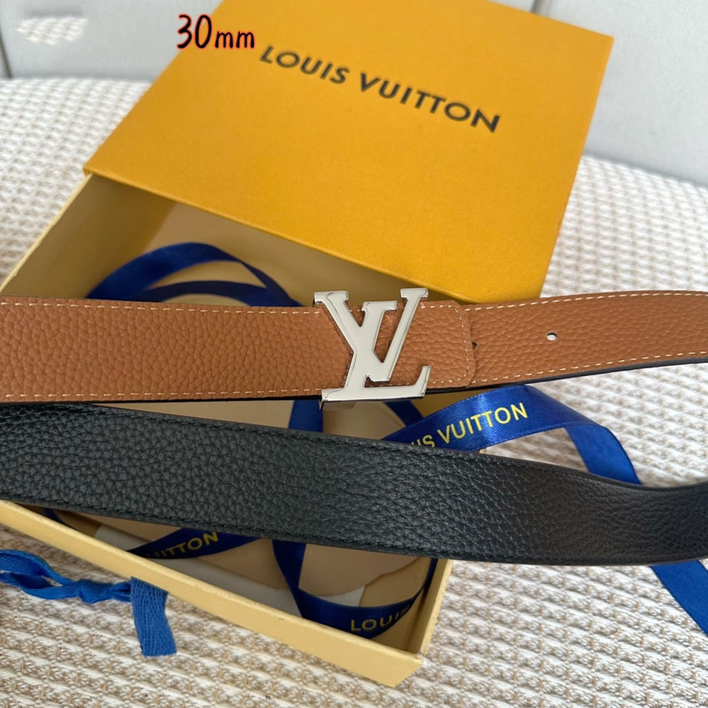 LOUIS VUITTON LV Initiales 30mm Reversible Belt Silver Buckle Tan Black Leather