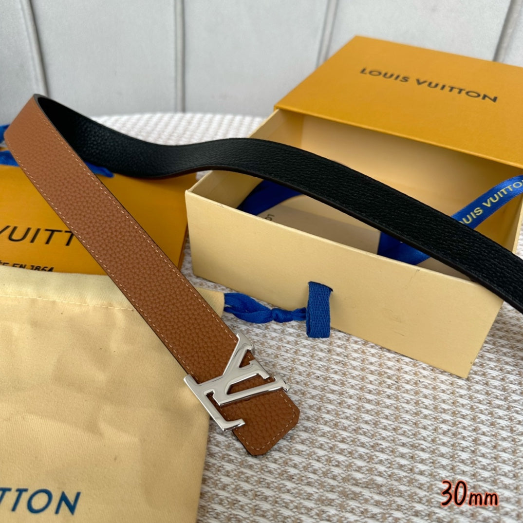 LOUIS VUITTON LV Initiales 30mm Reversible Belt Silver Buckle Tan Black Leather