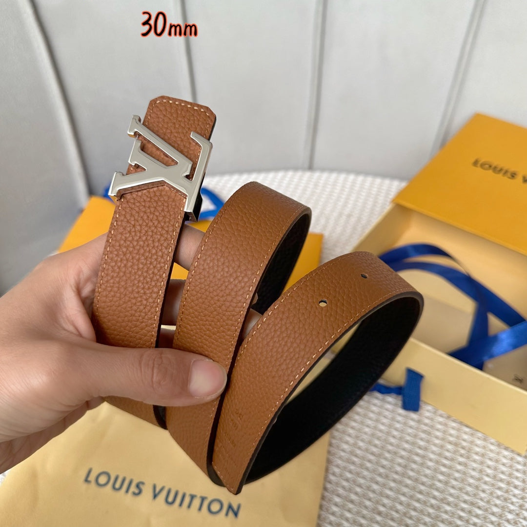 LOUIS VUITTON LV Initiales 30mm Reversible Belt Silver Buckle Tan Black Leather