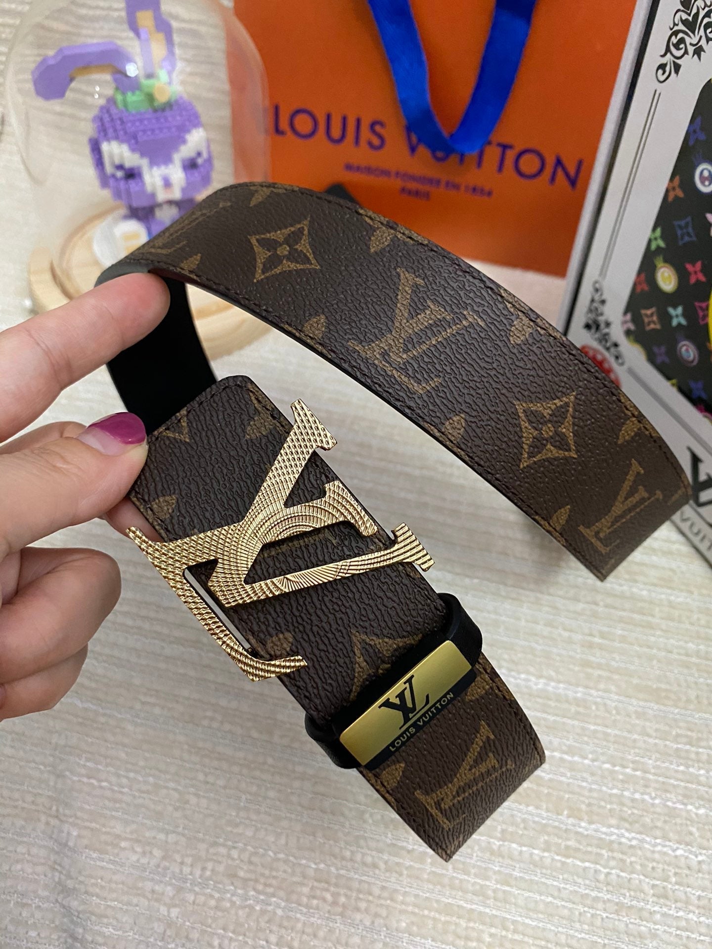 LOUIS VUITTON LV 25S BELT 38 MM IN DARK BROWN CALFSKIN PRINT PATTERNS 593286