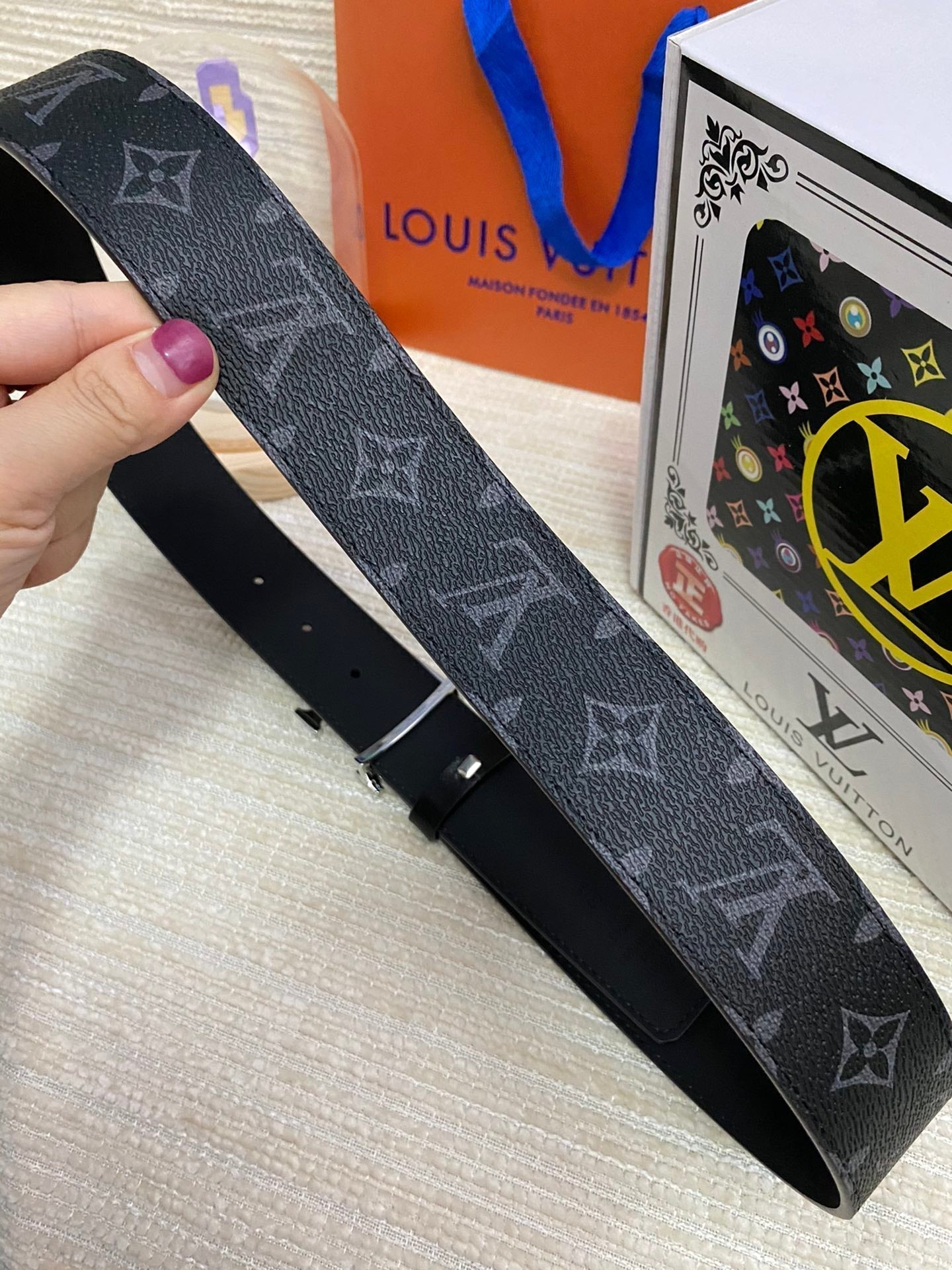 LOUIS VUITTON LV 25S BELT 38 MM IN BLACK CALFSKIN PRINT PATTERNS 593287
