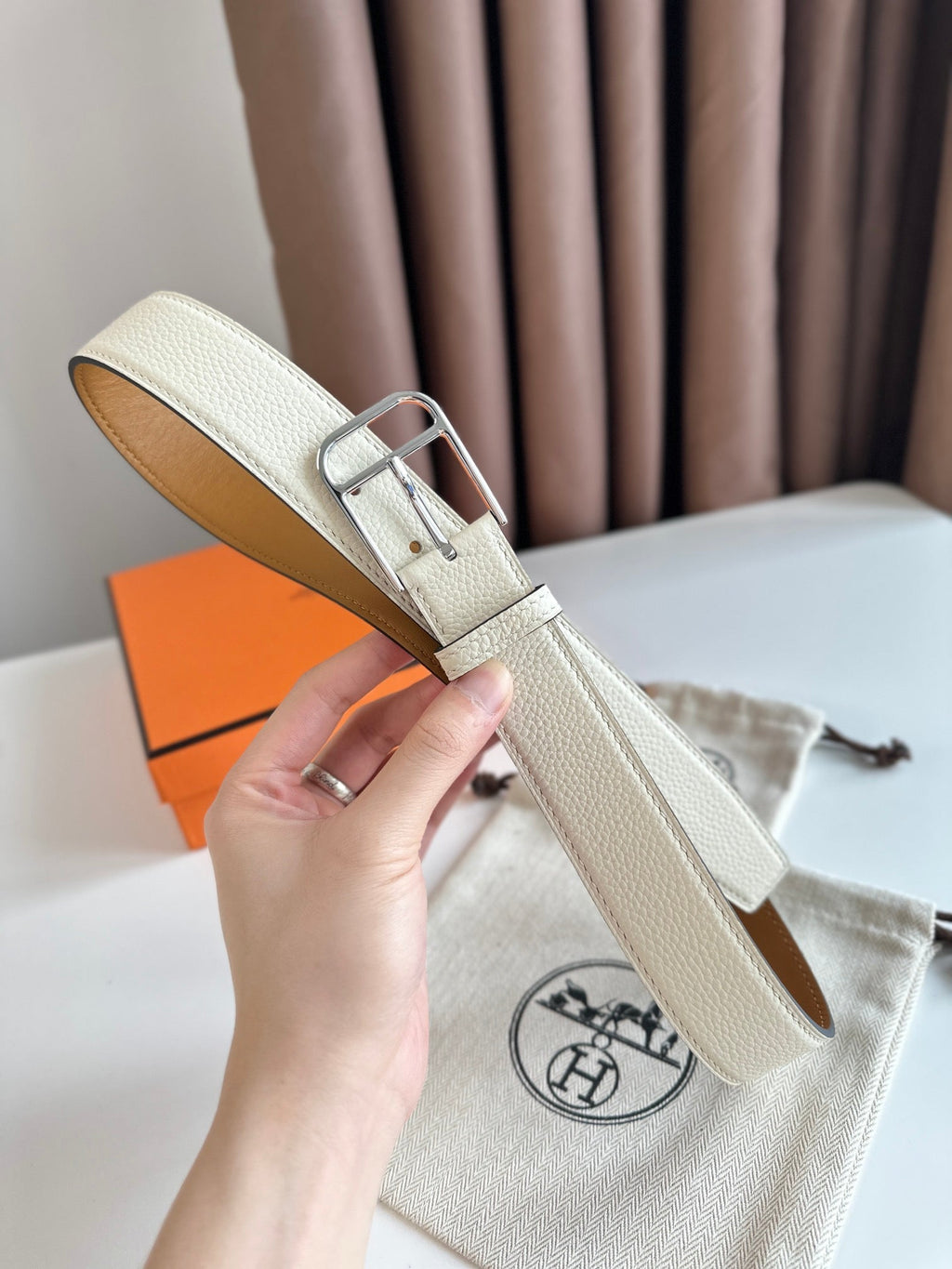 HM ROMAIN 35MM BELT WHITE CREAM LEATHER SILVER HARDWARE|Hermès belt