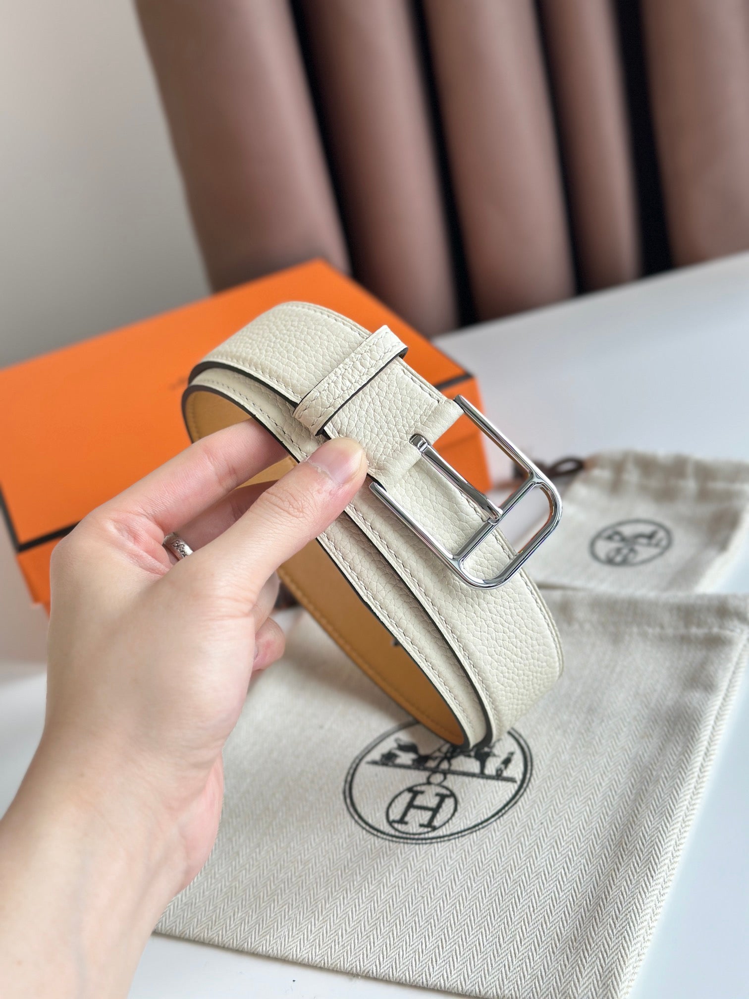 HM ROMAIN 35MM BELT WHITE CREAM LEATHER SILVER HARDWARE|Hermès belt