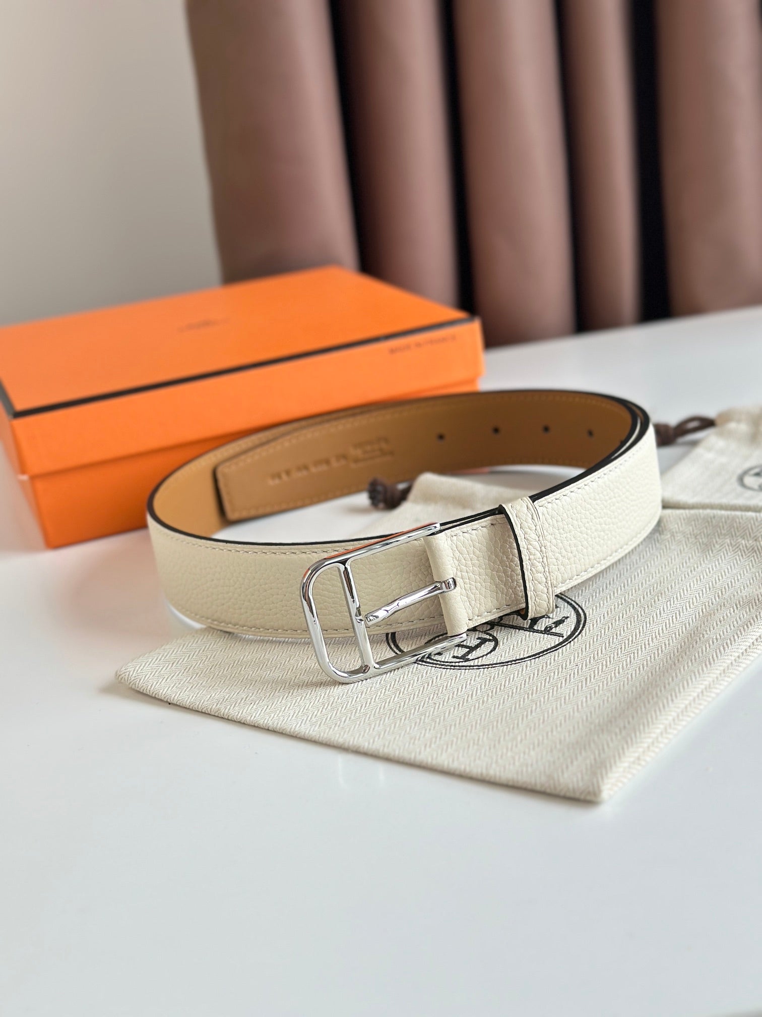 HM ROMAIN 35MM BELT WHITE CREAM LEATHER SILVER HARDWARE|Hermès belt