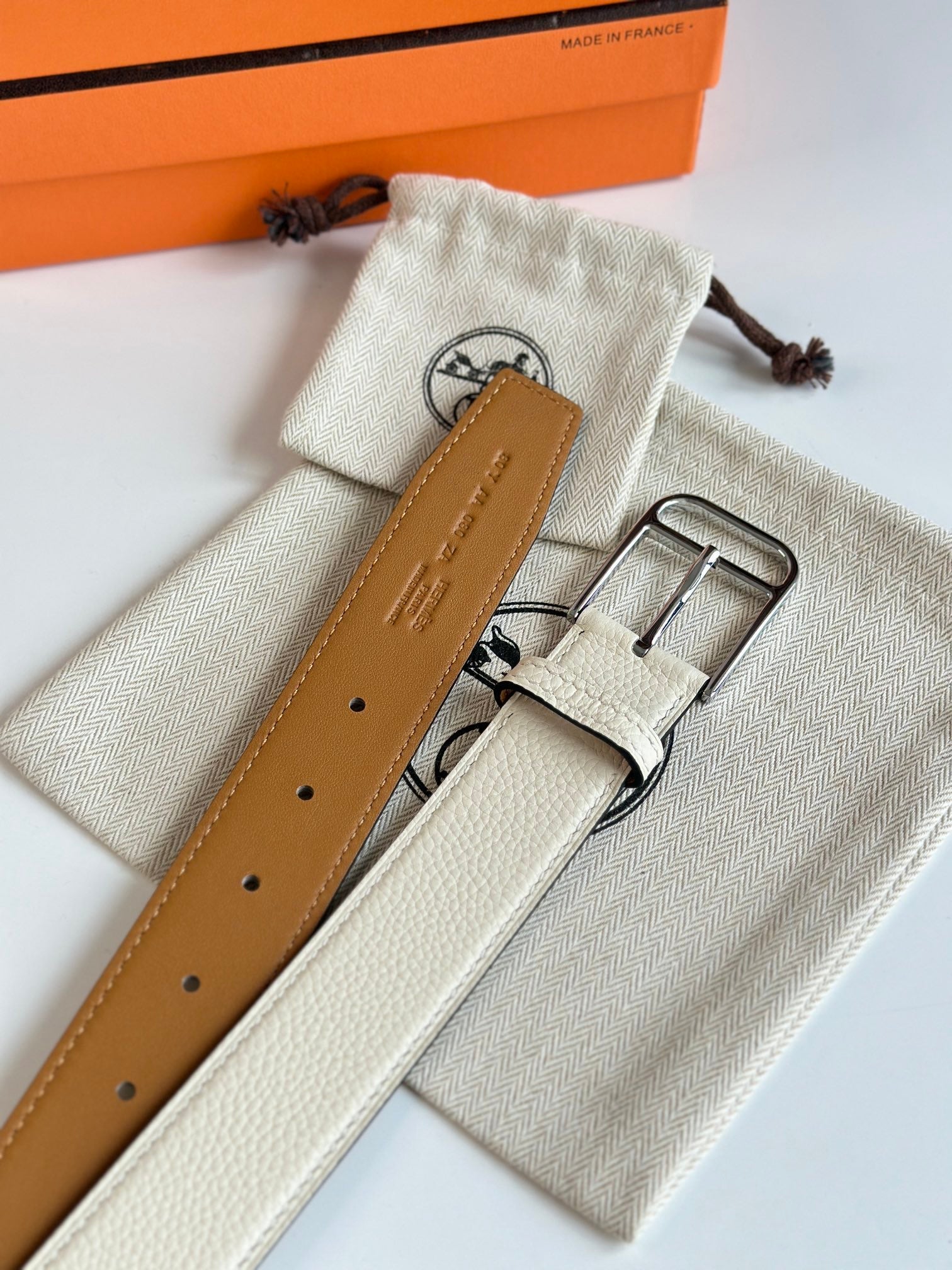 HM ROMAIN 35MM BELT WHITE CREAM LEATHER SILVER HARDWARE|Hermès belt