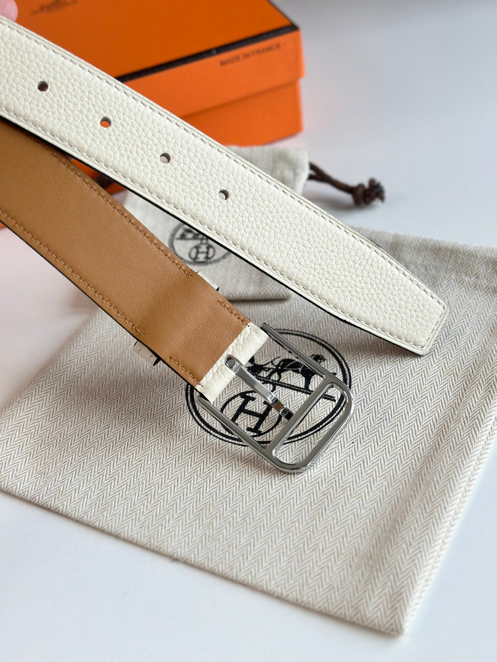 HM ROMAIN 35MM BELT WHITE CREAM LEATHER SILVER HARDWARE|Hermès belt