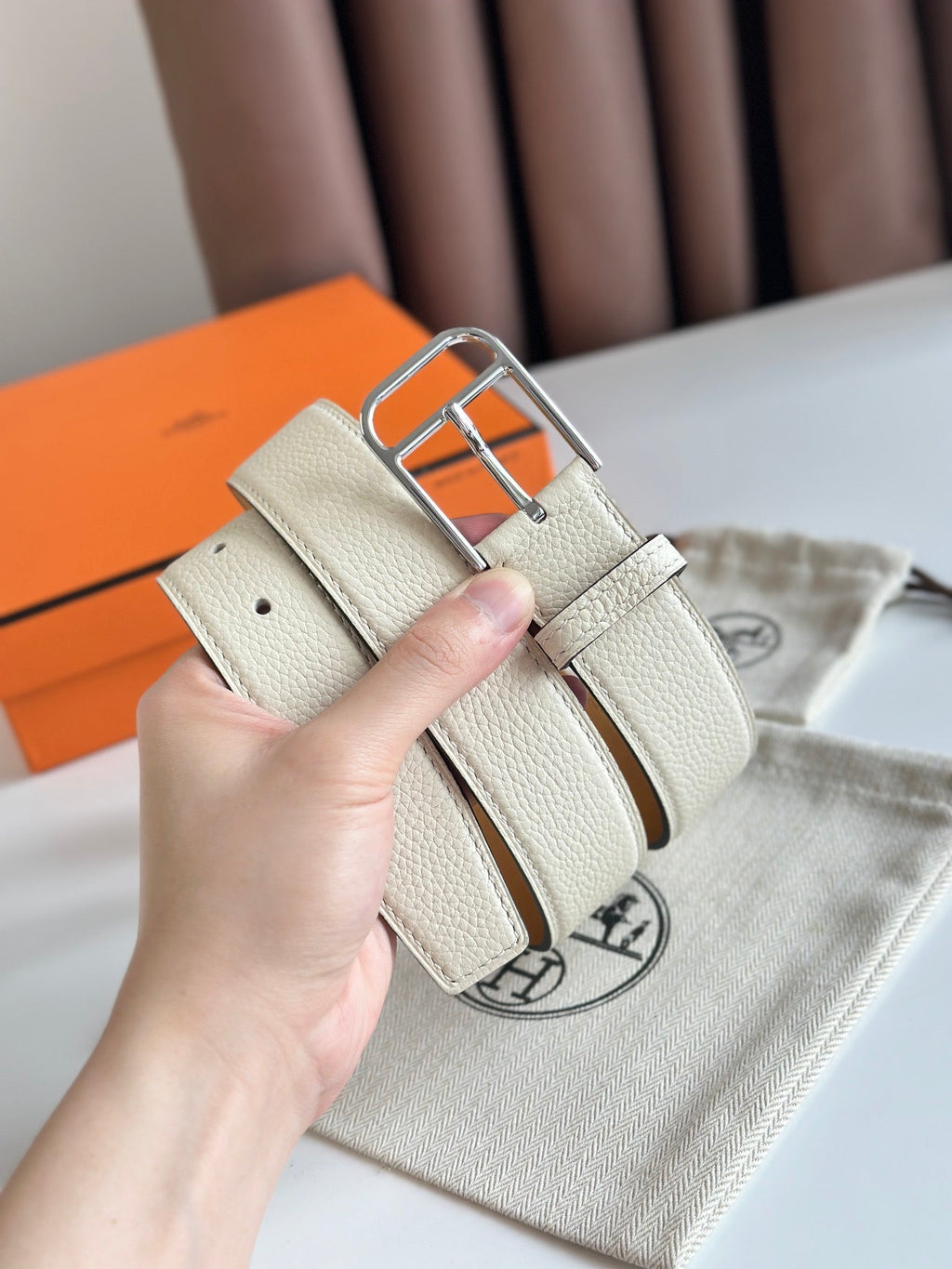 HM ROMAIN 35MM BELT WHITE CREAM LEATHER SILVER HARDWARE|Hermès belt