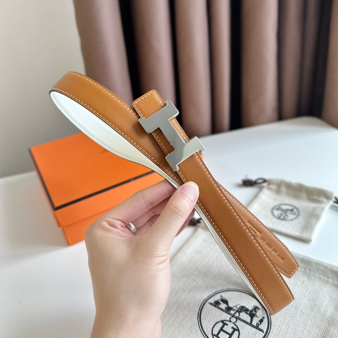HM Silver Constance & Reverible Belt Brown White Leather 125375 |Hermès belt