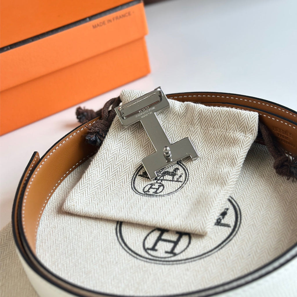 HM Silver Constance & Reverible Belt Brown White Leather 125375 |Hermès belt