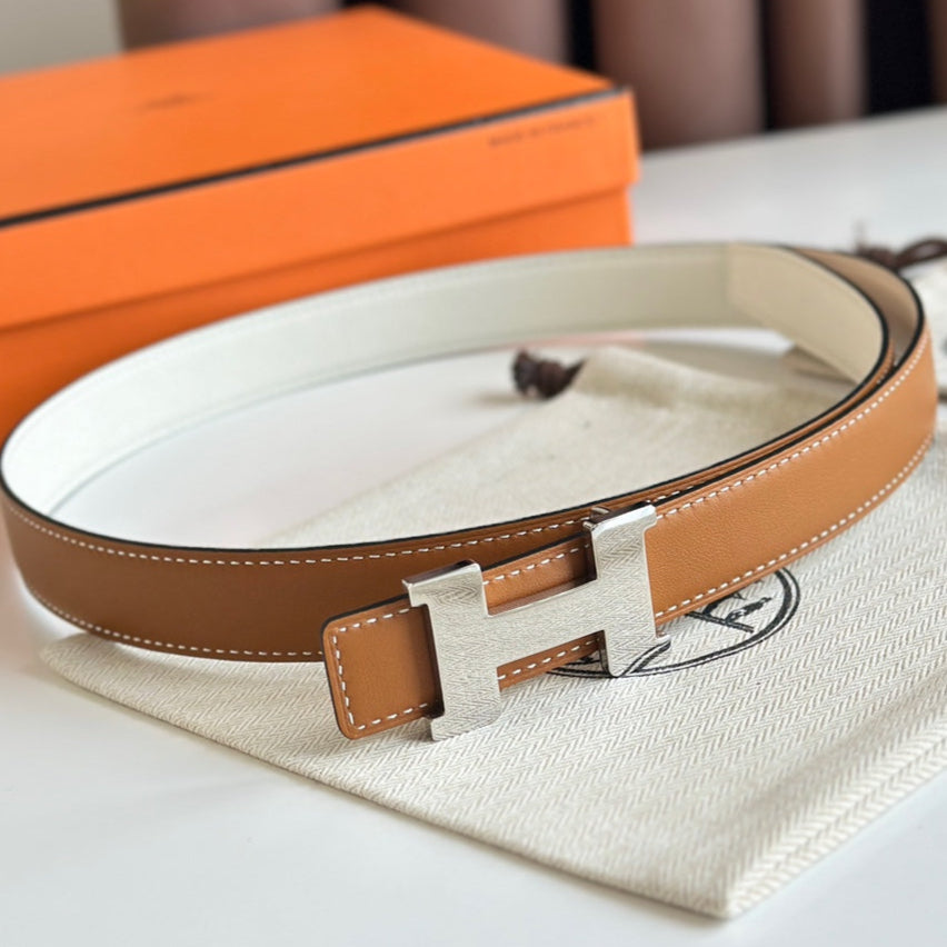 HM Silver Constance & Reverible Belt Brown White Leather 125375 |Hermès belt