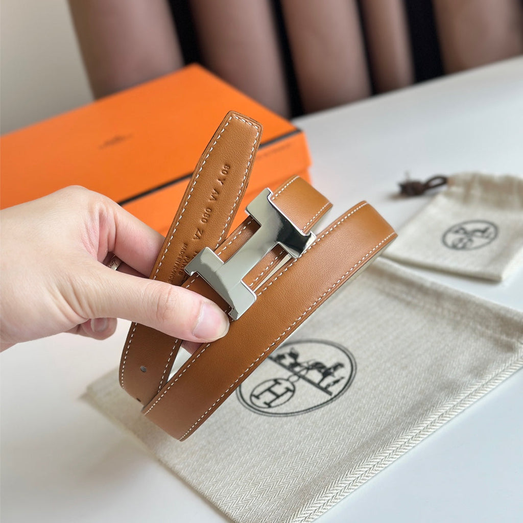 HM Silver Constance & Reverible Belt Brown White Leather 125375 |Hermès belt