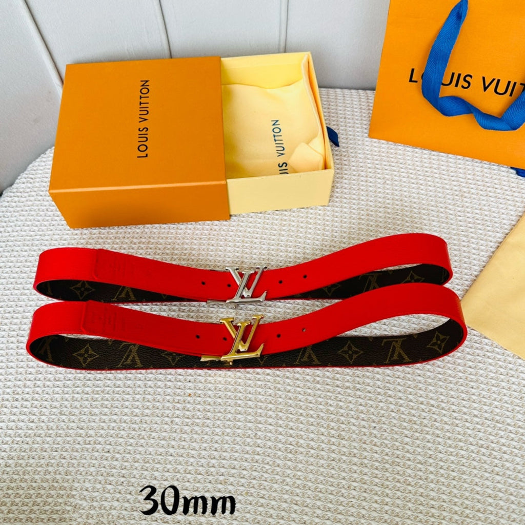 LOUIS VUITTON LV Initiales 30mm Reversible Belt Gold Rotating Buckle Red Brown Leather