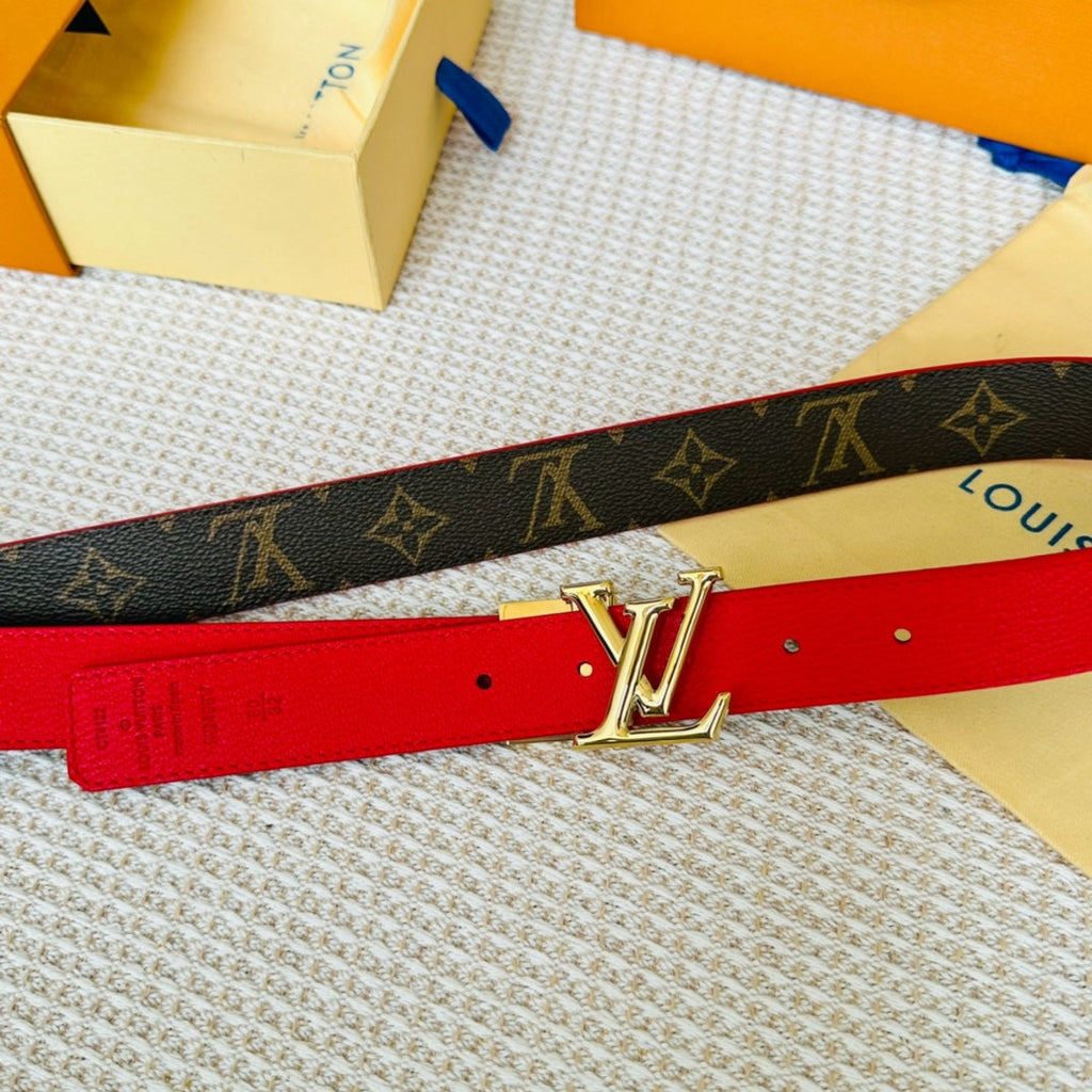 LOUIS VUITTON LV Initiales 30mm Reversible Belt Gold Rotating Buckle Red Brown Leather