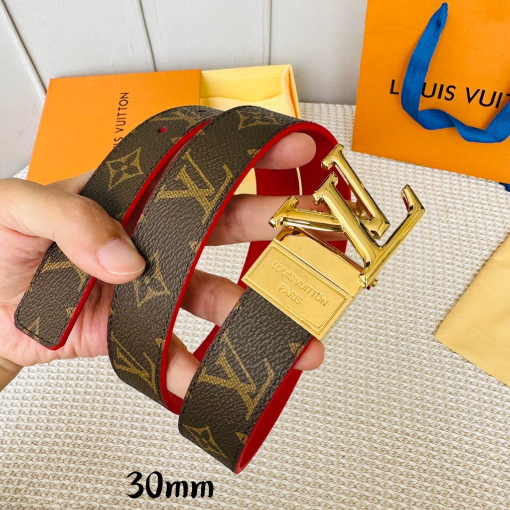 LOUIS VUITTON LV Initiales 30mm Reversible Belt Gold Rotating Buckle Red Brown Leather