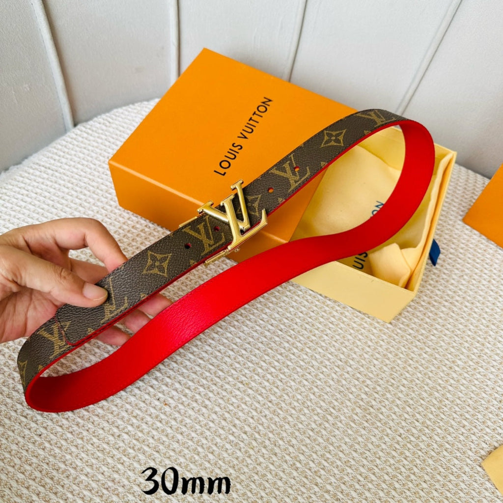 LOUIS VUITTON LV Initiales 30mm Reversible Belt Gold Rotating Buckle Red Brown Leather