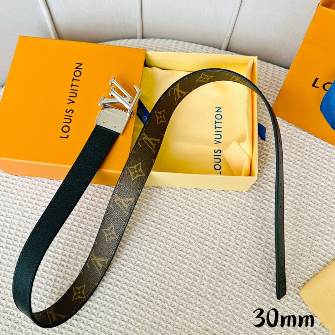 LOUIS VUITTON LV Initiales 30mm Reversible Belt Silver Rotating Buckle Black Brown Leather