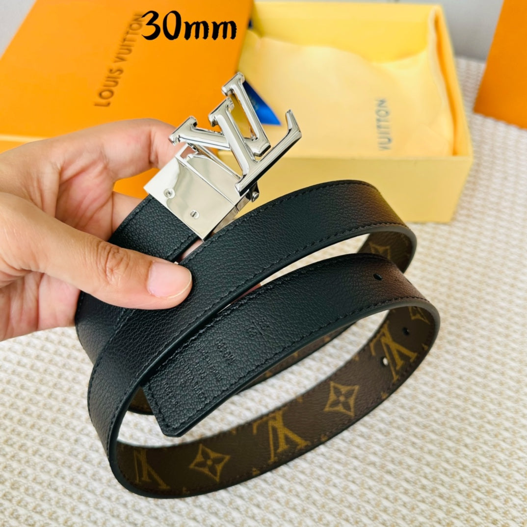 LOUIS VUITTON LV Initiales 30mm Reversible Belt Silver Rotating Buckle Black Brown Leather