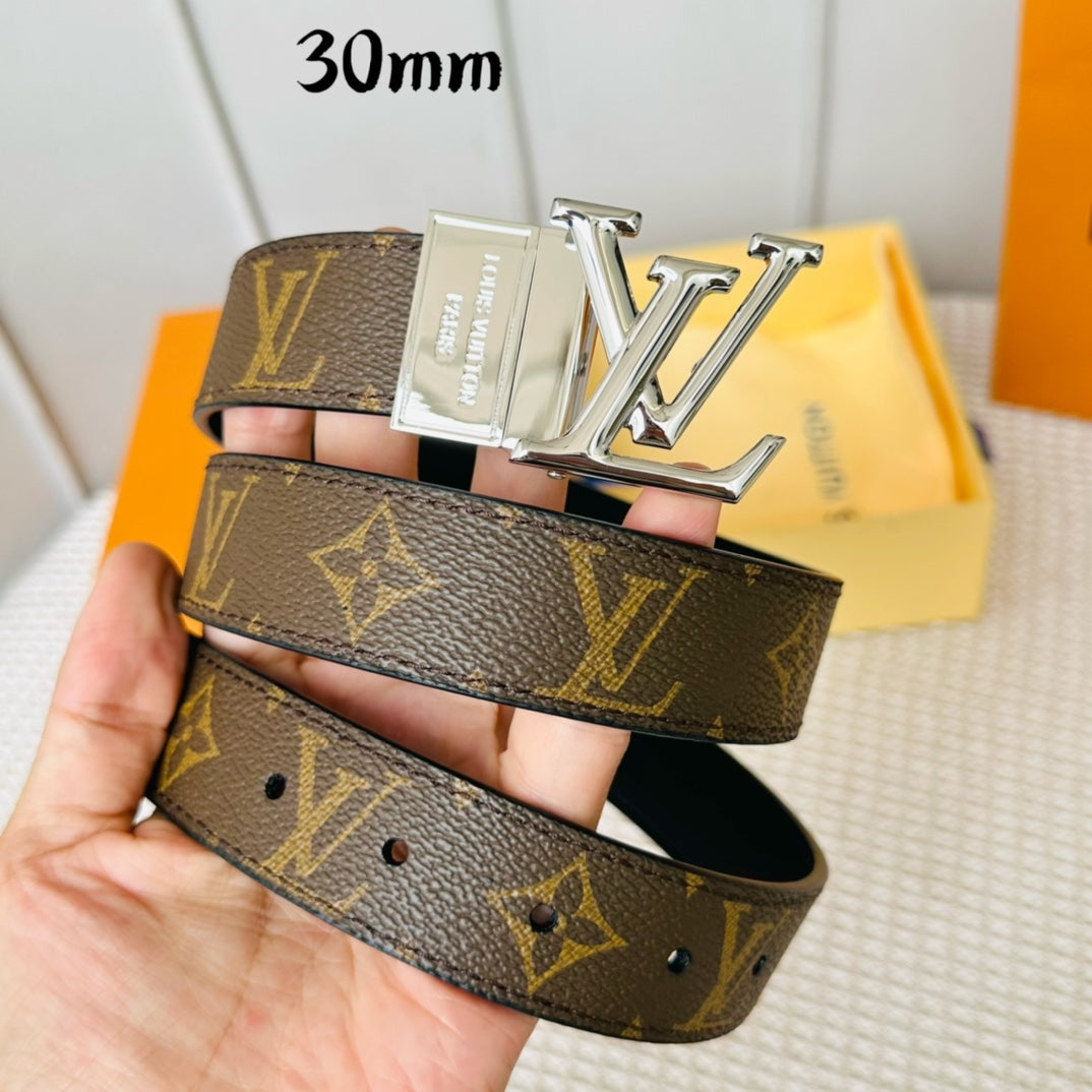 LOUIS VUITTON LV Initiales 30mm Reversible Belt Silver Rotating Buckle Black Brown Leather