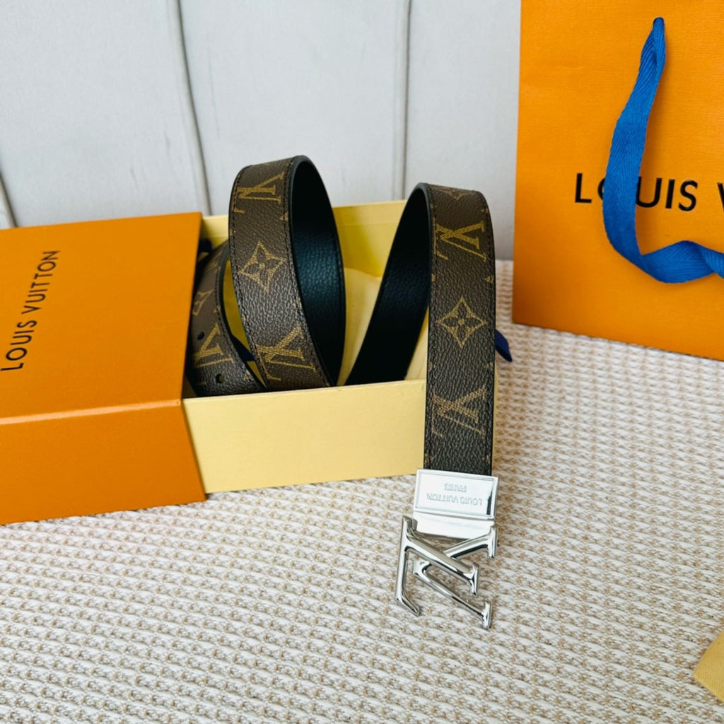 LOUIS VUITTON LV Initiales 30mm Reversible Belt Silver Rotating Buckle Black Brown Leather
