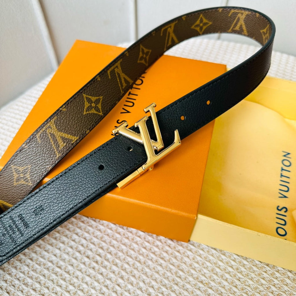LOUIS VUITTON LV Initiales 30mm Reversible Belt Gold Rotating Buckle Black Brown Leather