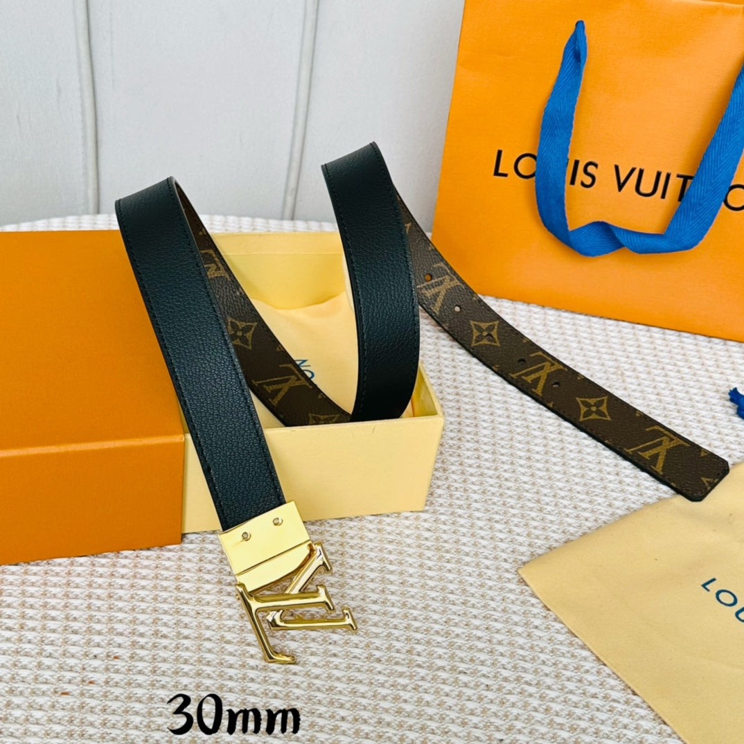 LOUIS VUITTON LV Initiales 30mm Reversible Belt Gold Rotating Buckle Black Brown Leather