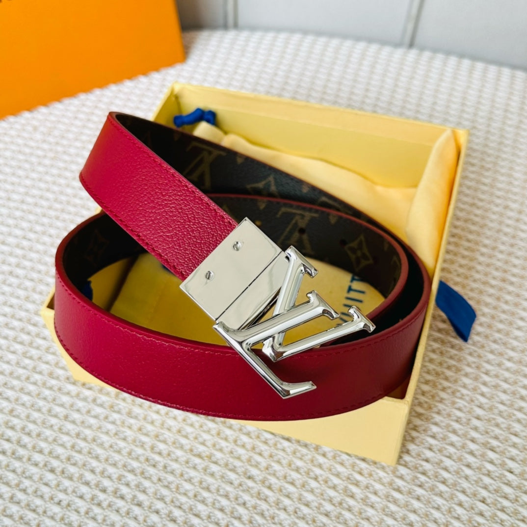 LOUIS VUITTON LV Initiales 30mm Reversible Belt Silver Rotating Buckle Burgundy Brown Leather