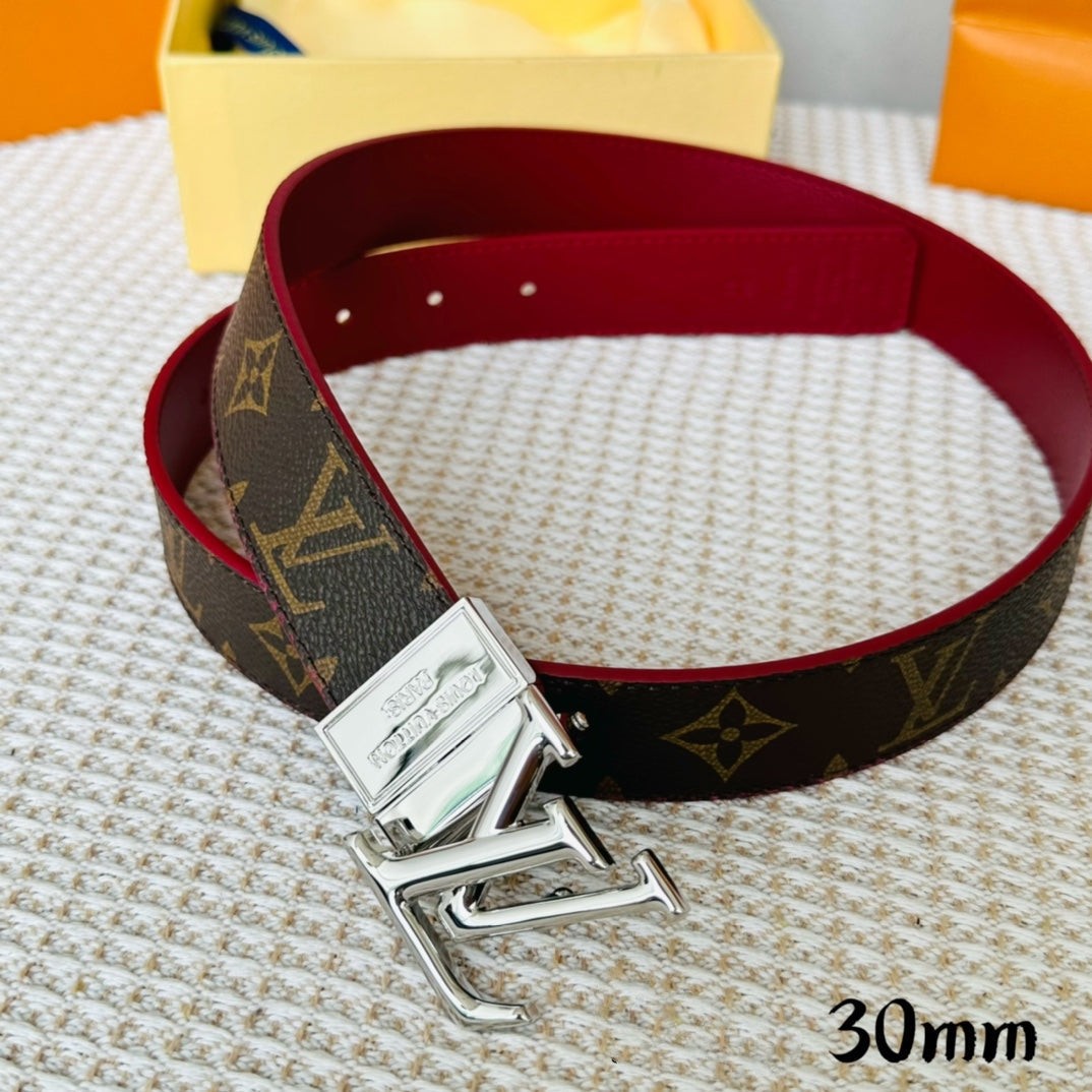 LOUIS VUITTON LV Initiales 30mm Reversible Belt Silver Rotating Buckle Burgundy Brown Leather