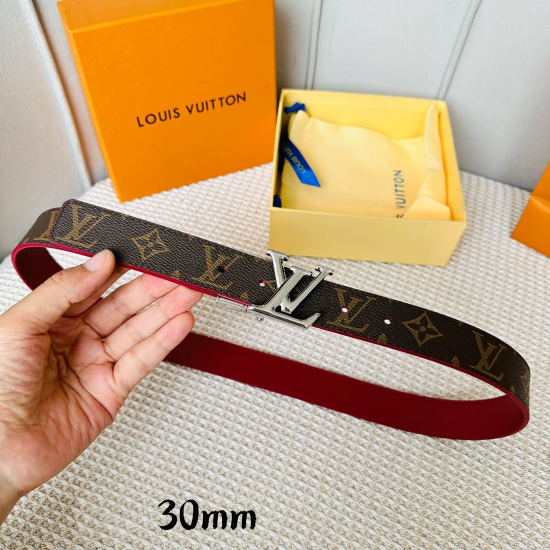 LOUIS VUITTON LV Initiales 30mm Reversible Belt Silver Rotating Buckle Burgundy Brown Leather