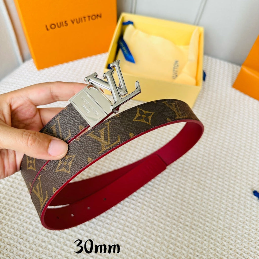 LOUIS VUITTON LV Initiales 30mm Reversible Belt Silver Rotating Buckle Burgundy Brown Leather
