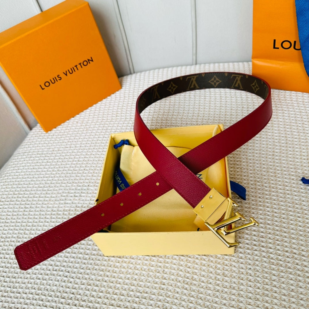 LOUIS VUITTON LV Initiales 30mm Reversible Belt Gold Rotating Buckle Burgundy Brown Leather