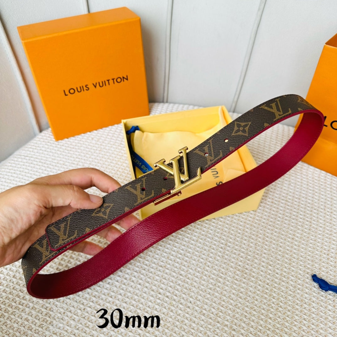 LOUIS VUITTON LV Initiales 30mm Reversible Belt Gold Rotating Buckle Burgundy Brown Leather