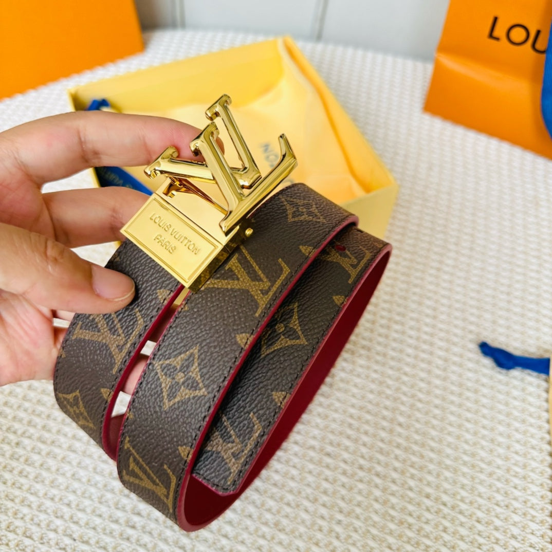 LOUIS VUITTON LV Initiales 30mm Reversible Belt Gold Rotating Buckle Burgundy Brown Leather