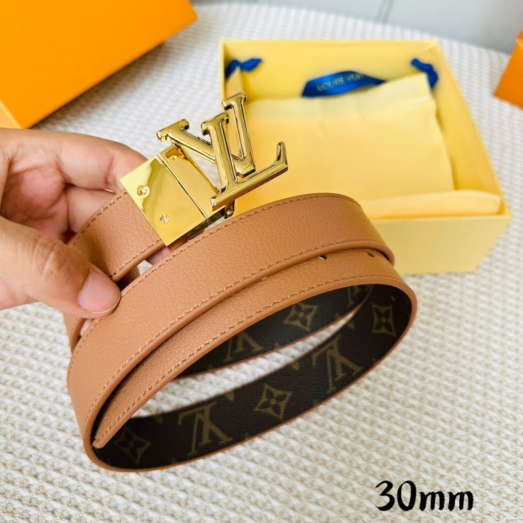 LOUIS VUITTON LV Initiales 30mm Reversible Belt Gold Rotating Buckle Tan Brown Leather