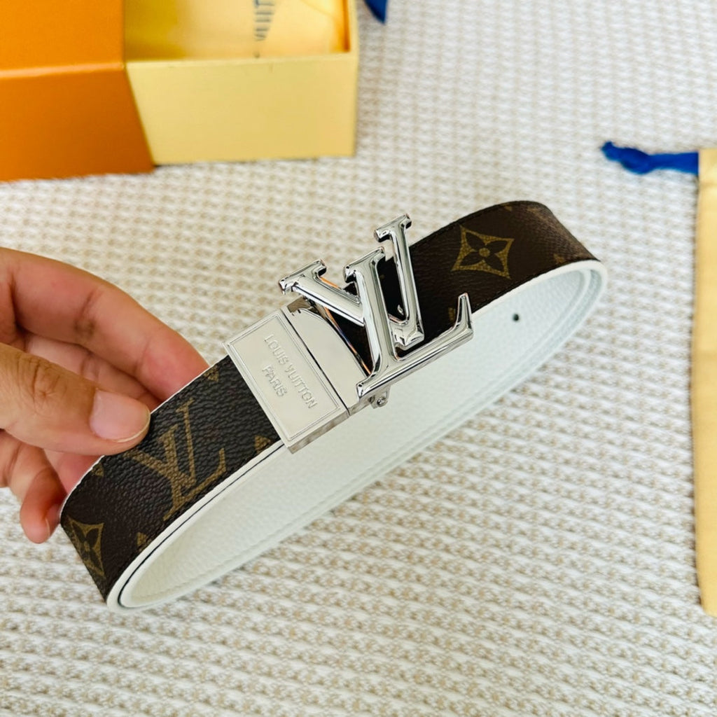 LOUIS VUITTON LV Initiales 30mm Reversible Belt Silver Rotating Buckle White Brown Leather