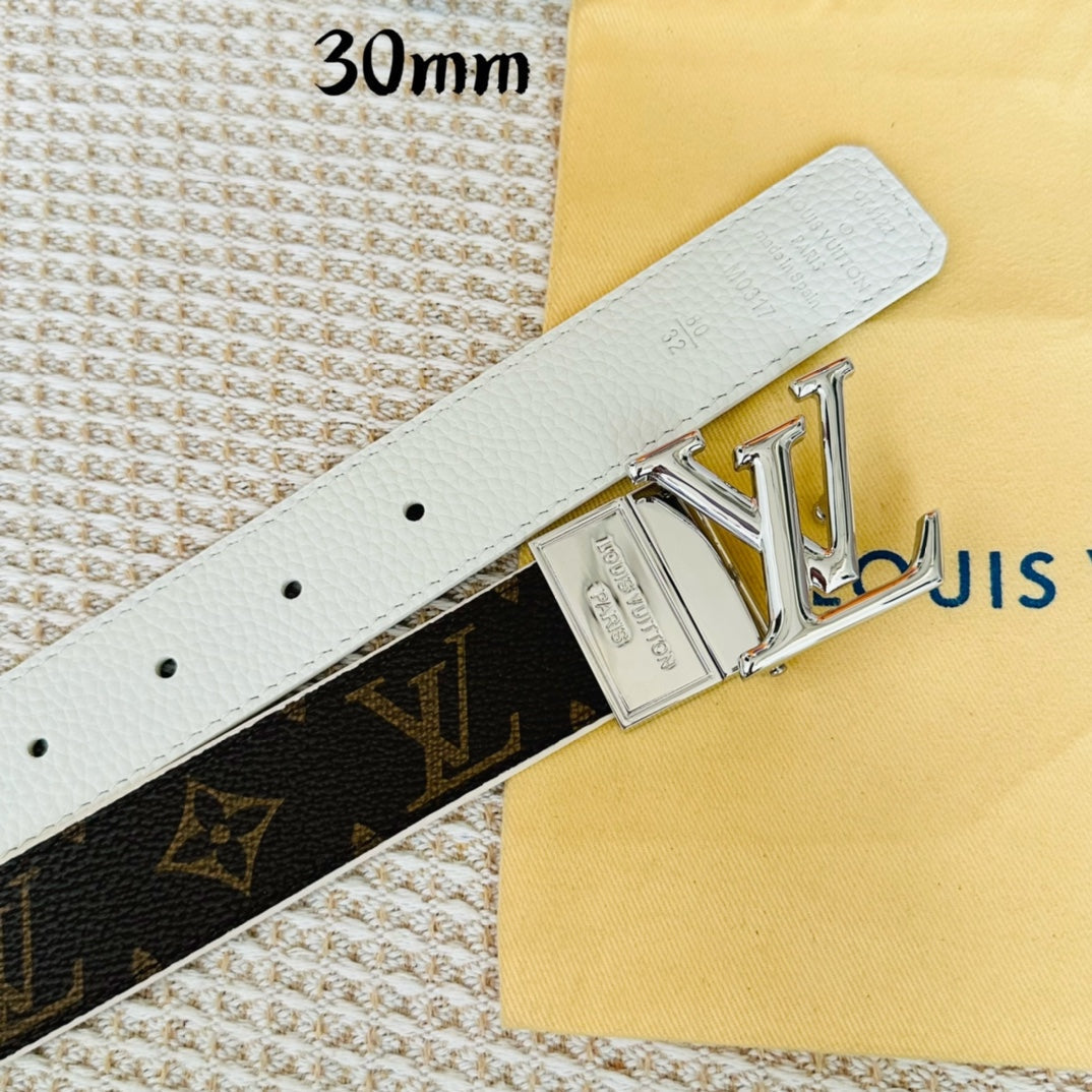 LOUIS VUITTON LV Initiales 30mm Reversible Belt Silver Rotating Buckle White Brown Leather