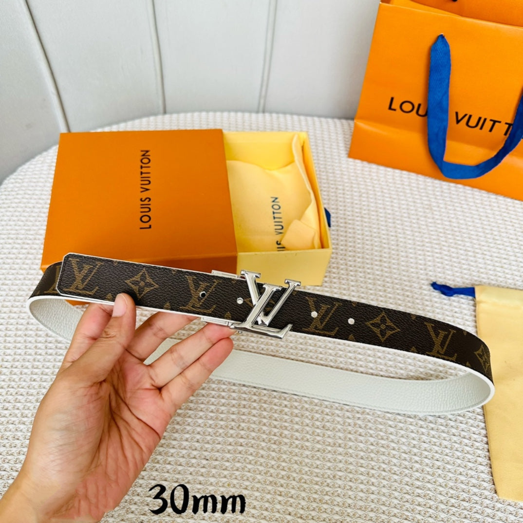 LOUIS VUITTON LV Initiales 30mm Reversible Belt Silver Rotating Buckle White Brown Leather
