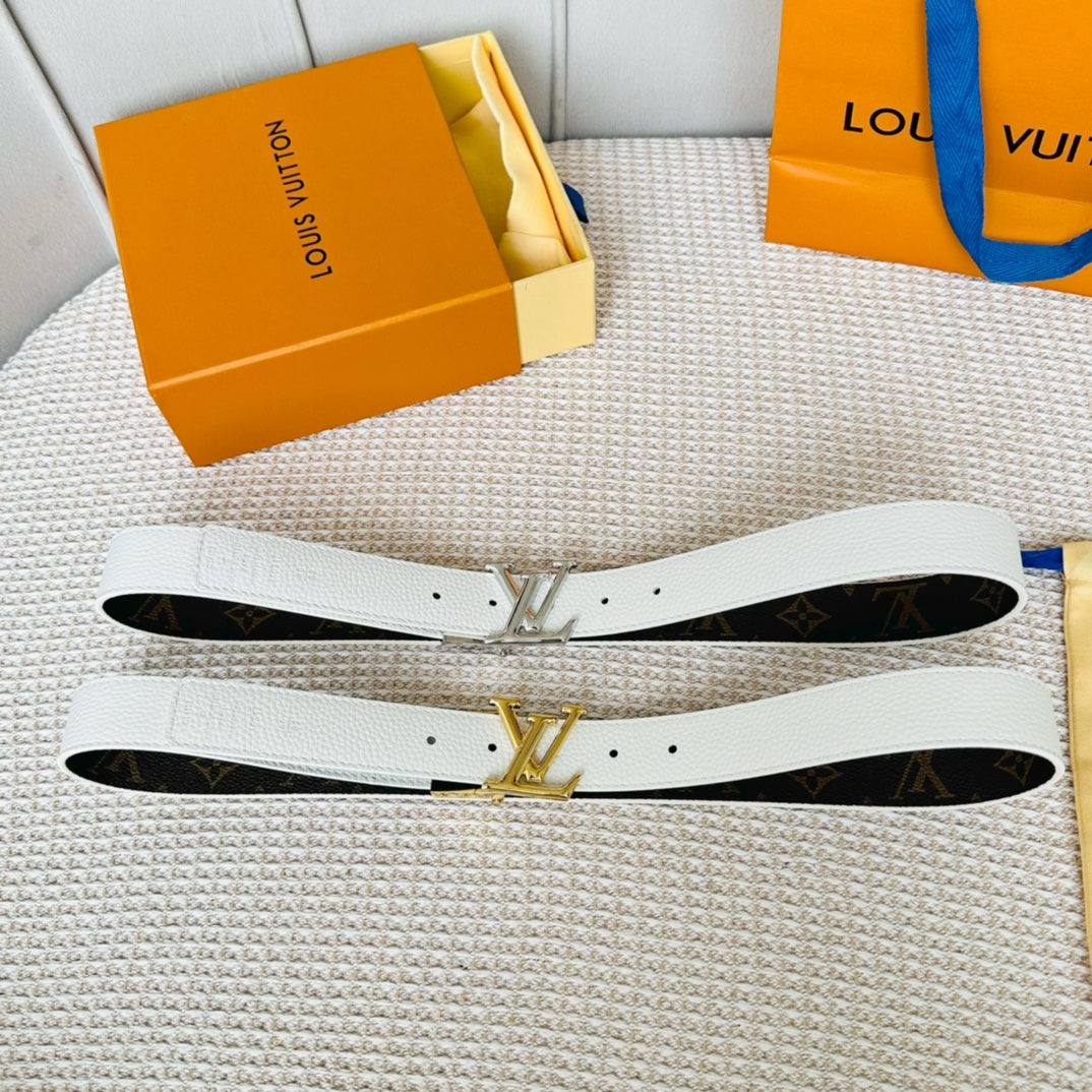 LOUIS VUITTON LV Initiales 30mm Reversible Belt Silver Rotating Buckle White Brown Leather