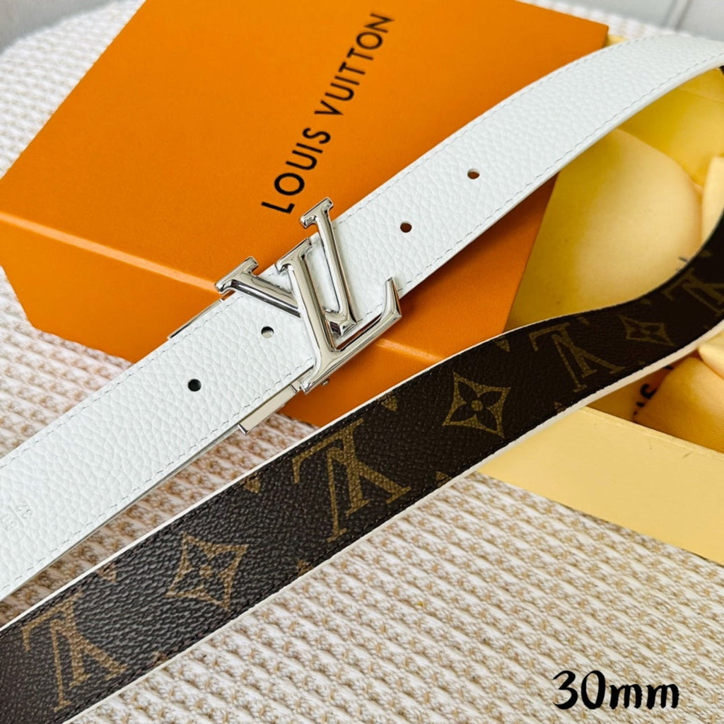LOUIS VUITTON LV Initiales 30mm Reversible Belt Silver Rotating Buckle White Brown Leather
