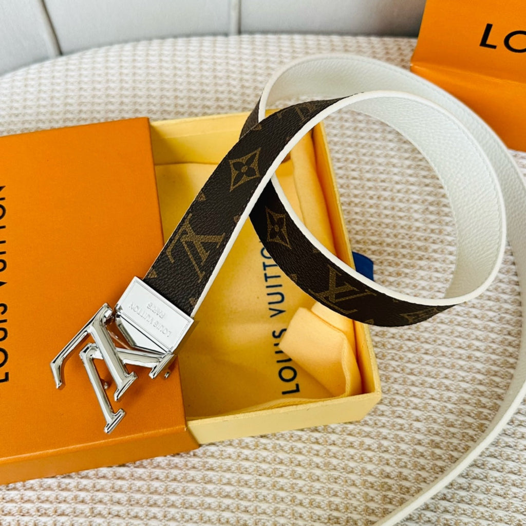 LOUIS VUITTON LV Initiales 30mm Reversible Belt Silver Rotating Buckle White Brown Leather