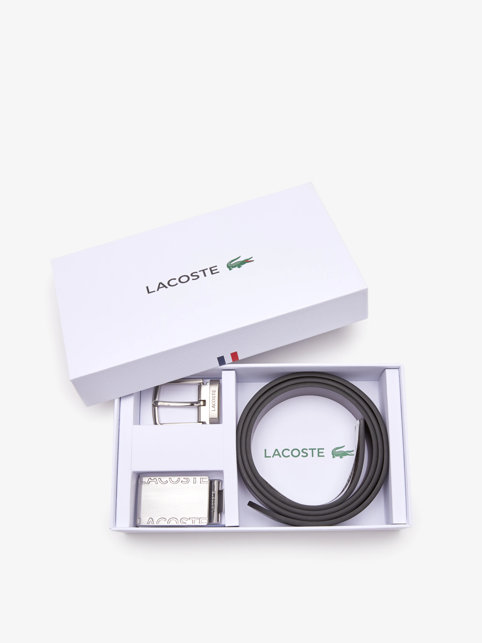 LACOSTE Smooth Leather Belt and 2 Buckle Gift Set Black Brown