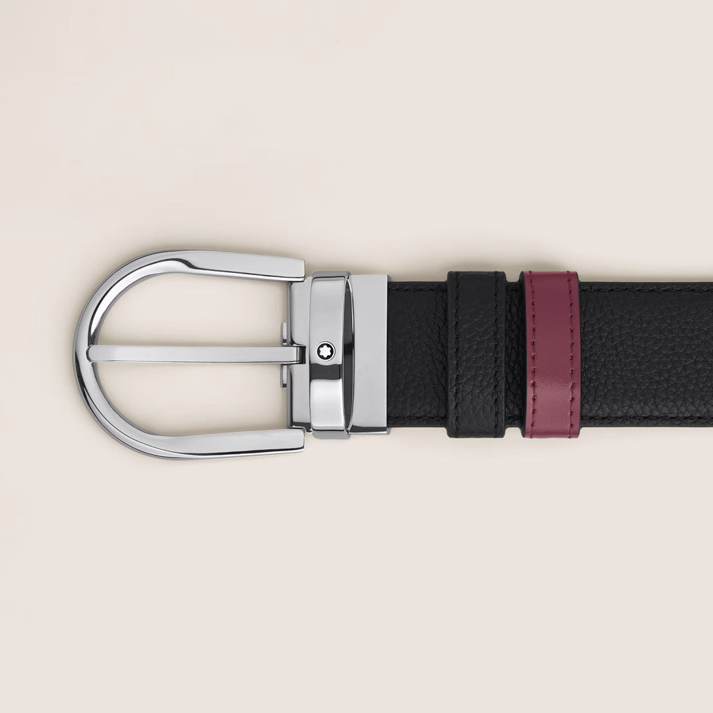 Montblanc reversible belt 35 mm black grained/cassis leather with horseshoe buckle 199665