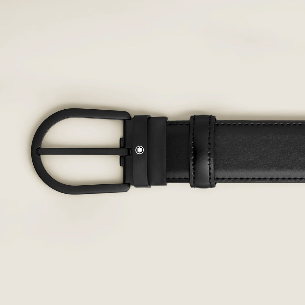Montblanc 35 mm black leather belt with horseshoe buckle 199650